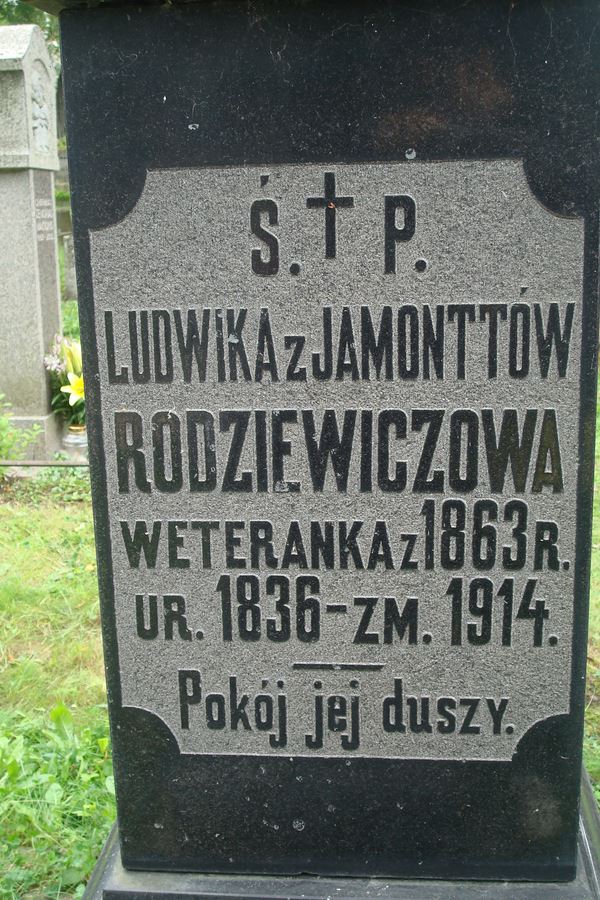 Fragment of the gravestone of Maciej and Scholastika Jamontt and Krystyna and Ludwika Rodziewicz, Na Rossie cemetery in Vilnius, as of 2013.