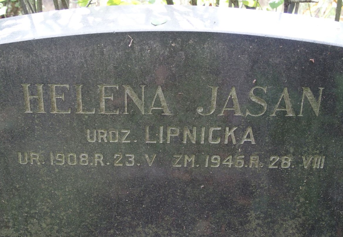 Inscription from the tombstone of Helena Jasan, St Michael's cemetery in Riga, as of 2021.