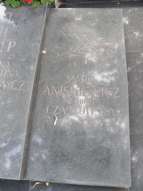Fragment nagrobka Franciszka, Janiny i Marii Aniskiewiczów, cmentarz na Rossie w Wilnie, stan z 2013