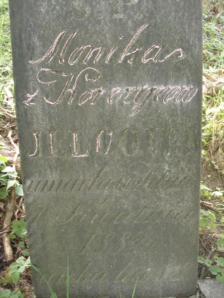 Inscription on the gravestone of Monika Jelec, Kazimiera and Vandalin Ostromęcka, Na Rossie cemetery in Vilnius, as of 2013