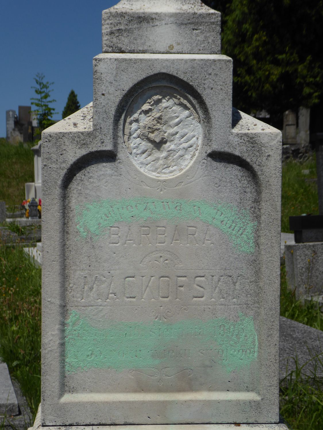 Fragment of Barbara Mackofsky's gravestone from the cemetery of the Czech part of Těšín Silesia, as of 2022.