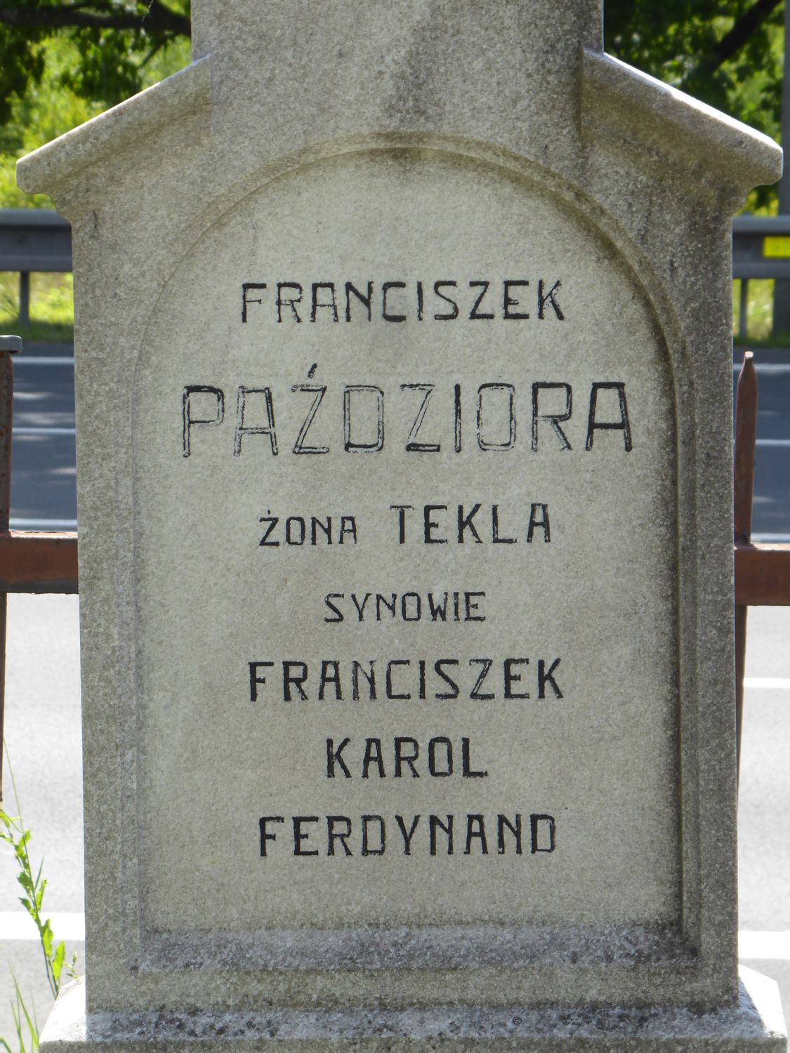 Fragment of a gravestone of František Paździor, Tekla Paździor, František, Karol and Ferdinand Paździor and Ignác and Dorota Bonczek from the cemetery of the Czech part of Těšín Silesia, as of 2022.