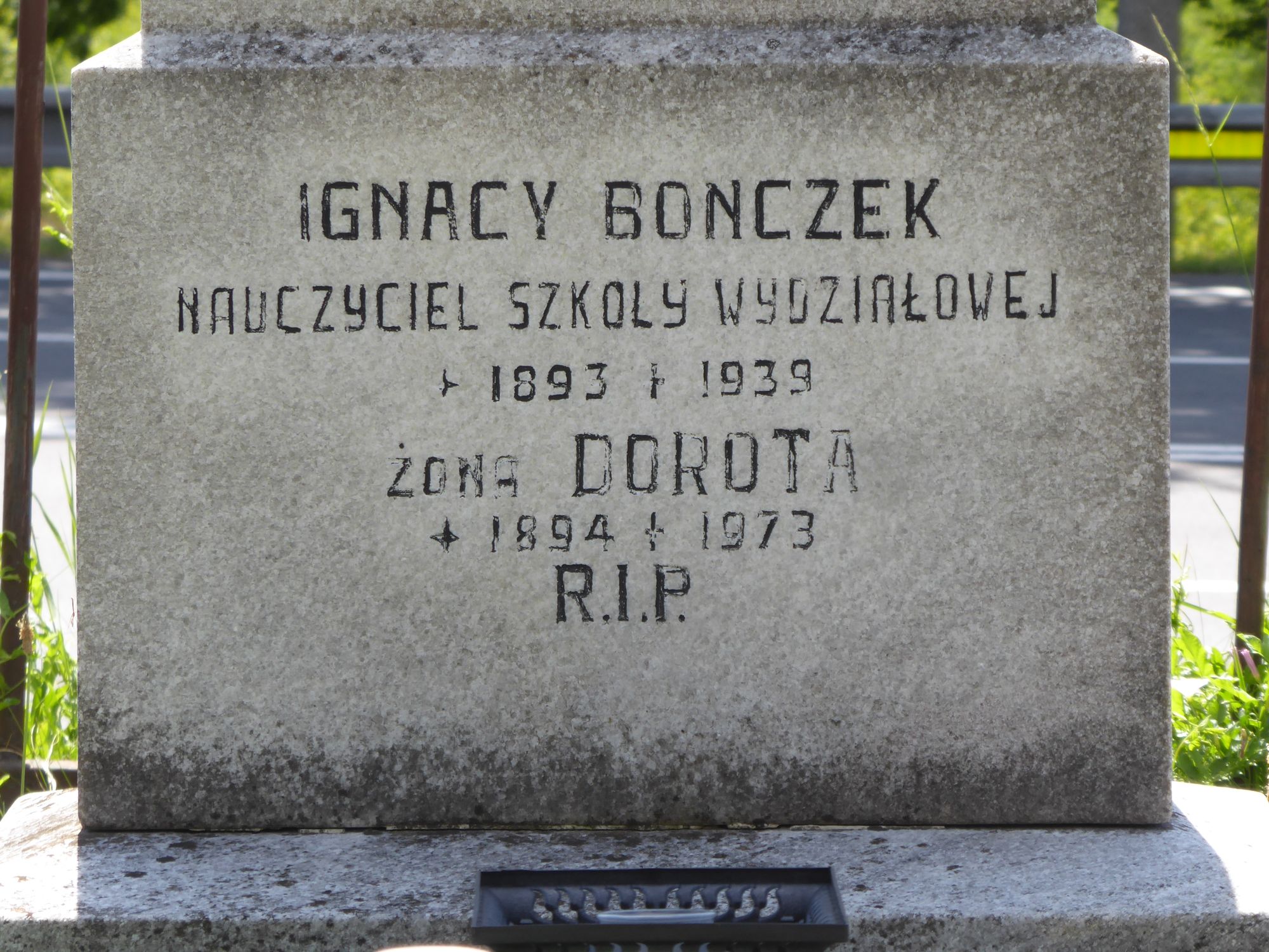 Fragment of a gravestone of František Paździor, Tekla Paździor, František, Karol and Ferdinand Paździor and Ignác and Dorota Bonczek from the cemetery of the Czech part of Těšín Silesia, as of 2022.