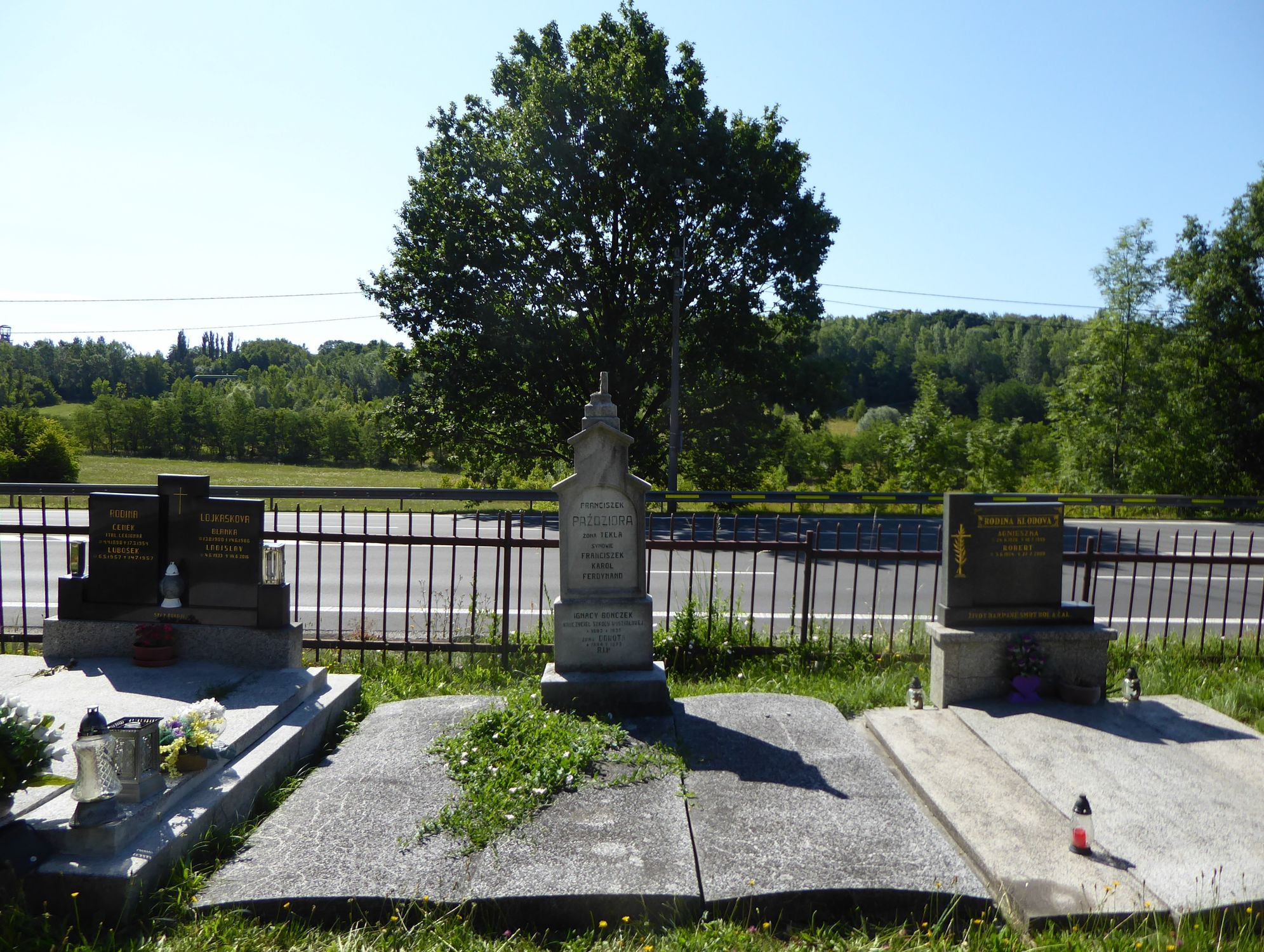 Tombstone of František Paždzior, Tekla Paždzior, František, Karol and Ferdinand Paždzior and Ignác and Dorota Bonczek from the cemetery of the Czech part of Těšín Silesia, as of 2022.
