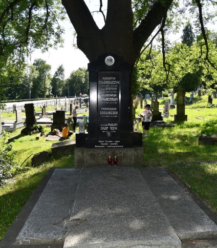 Nagrobek rodziny Chlebowczyk, Hildegardy Galoczowej i Franciszka Szewieczka. Pomnik z podstawą z monzonitu z rytami inskrypcjami, zwieńczony trójkątnym daszkiem i krzyżem z odlewaną twarzą Jezusa.
