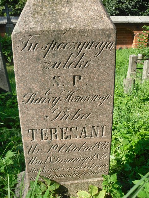 Nagrobek Brygidy, Elżbiety i Piotra Teresani, fragment z inskrypcją, cmentarz na Rossie w Wilnie, stan przed 2013