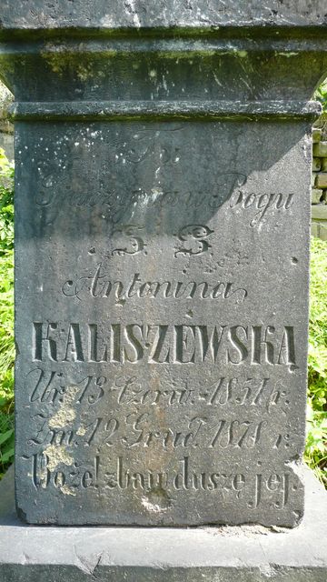 Nagrobek Antoniny Kaliszewskiej, fragment z inskrypcją, cmentarz na Rossie w Wilnie, stan przed 2013