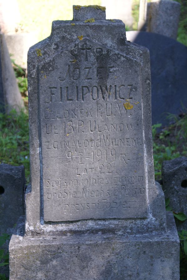 Fragment of the gravestone of Jozef Filipowicz, Ross cemetery in Vilnius, as of 2013.