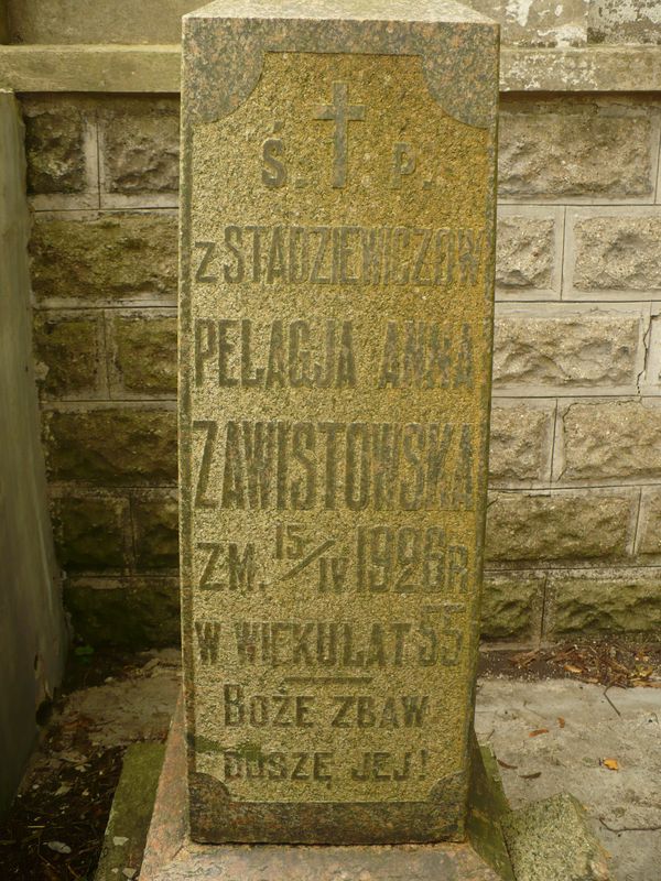 Inscription of the tomb of Jakub, Pelagia and Veronika Zawistowski, Na Rossa cemetery in Vilnius, as of 2013