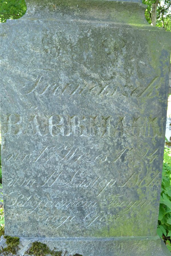 Inscription on the gravestone of Franciszek Barkmann, Ross Cemetery in Vilnius, as of 2013