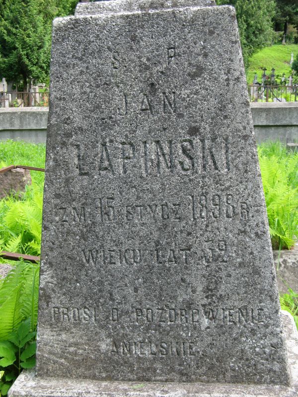 Inscription from the gravestone of Jan Lapinski, Na Rossie cemetery in Vilnius, as of 2013