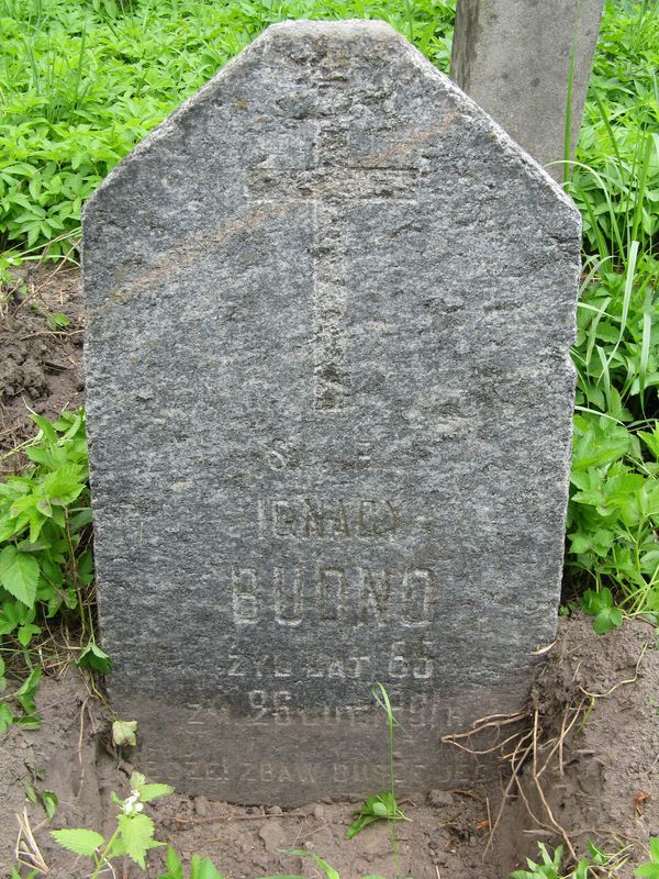 Inscription from the tombstone of Ignacy Budno, Na Rossie cemetery in Vilnius, as of 2013