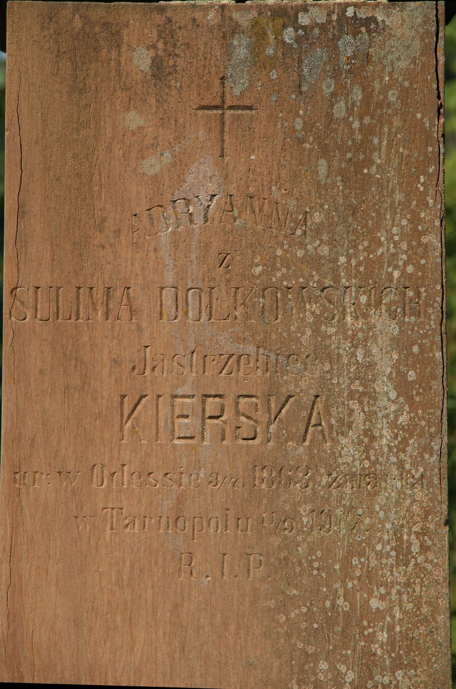 Fragment of the tombstone of Adrianna, Melania and Stanislaw Kierski, Ternopil cemetery, 2016 status