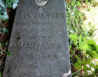 Nagrobek Jana Zientka i Marianny Brody z wyrytymi inskrypcjami i krzyżem. Kamień otoczony bluszczem i trawą.