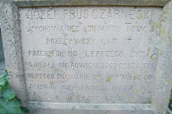 Inskrypcja na nagrobku Józefa Czarneckiego, cmentarz w Tarnopolu, stan z 2016