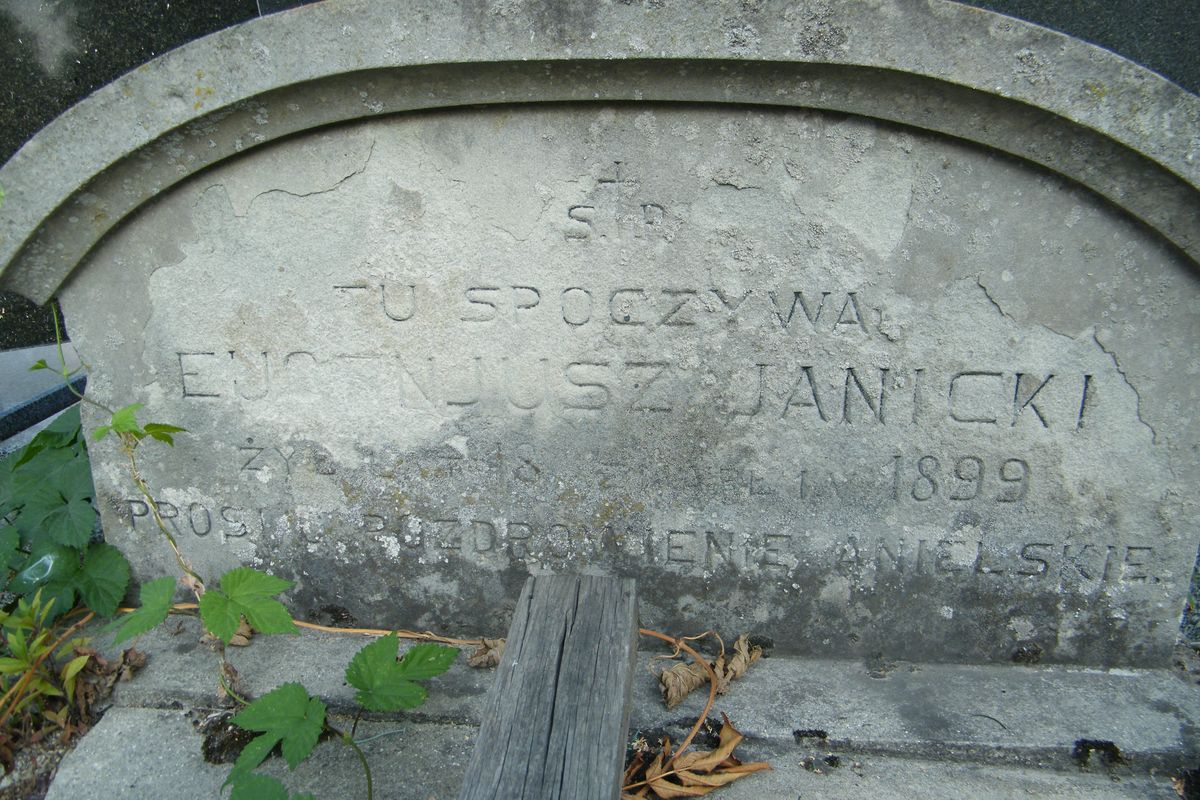 Fragment nagrobka Eugeniusza Janickiego, cmentarz w Tarnopolu, stan z 2016 r.