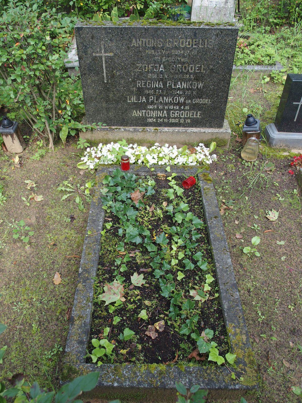 Tombstone of Antonina Grodėle, Antonsa Grodelis, Zofia Grodėle, Lilia Plank and Regina Plank, St Michael's cemetery in Riga, as of 2021.