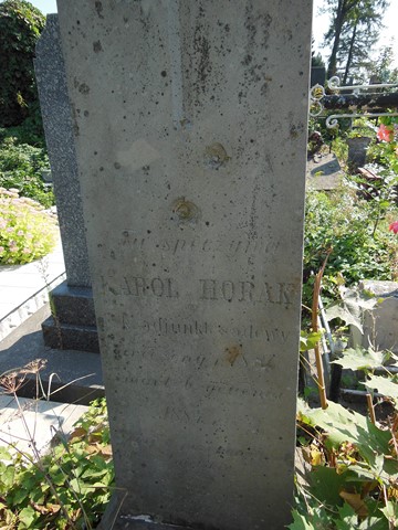 Fragment of a tombstone of Karol Horak from the cemeteries of the former Ternopil district, as of 2016.