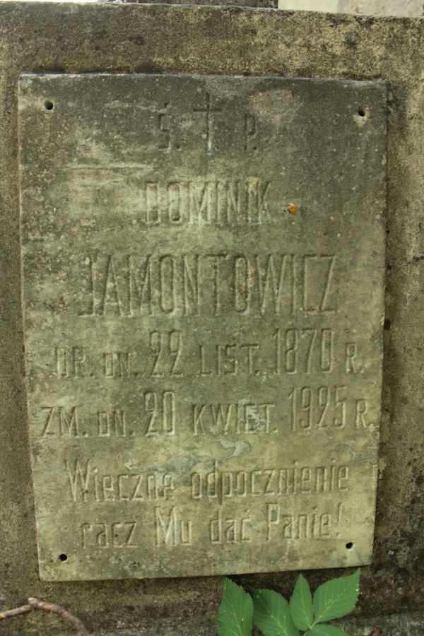Inscription plaque from the gravestone of Dominik Jamontowicz, Na Rossie cemetery in Vilnius, as of 2013