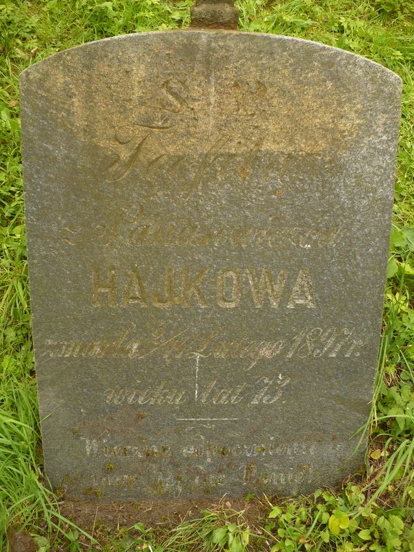 Inscription on the gravestone of Teofila Hajko, Na Rossie cemetery in Vilnius, as of 2013
