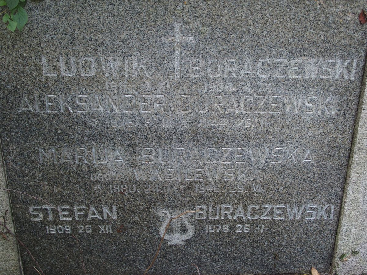 Inscription from the gravestone of Maria Burachevskaya, Alexander Burachevsky, Ludwik Burachevsky and Stefan Burachevsky, St Michael's cemetery in Riga, as of 2021.