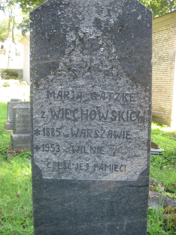Inskrypcja nagrobka Marii Gatzke, cmentarz Na Rossie w Wilnie, stan z 2013