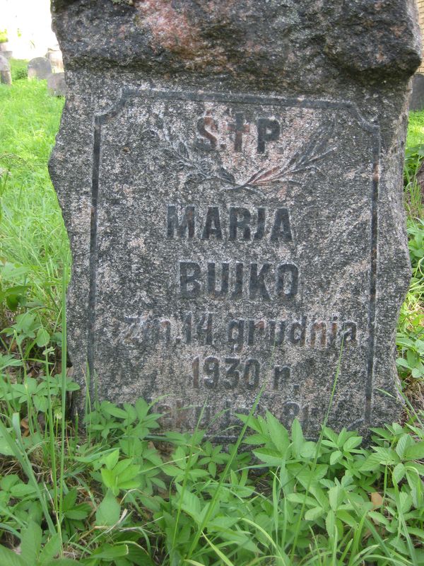 Gravestone inscription of Maria Bujko, Na Rossie cemetery in Vilnius, as of 2013