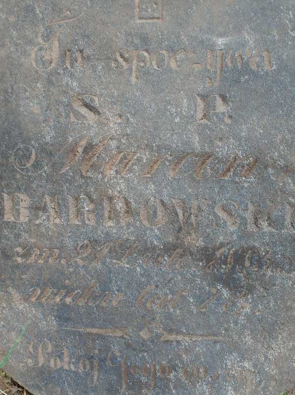 Inscription on the gravestone of Marcin Bardowski, Na Rossie cemetery in Vilnius, as of 2013