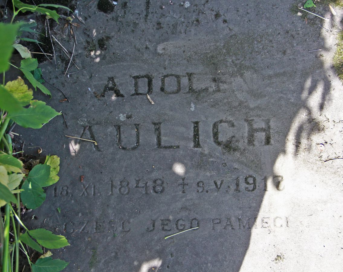 Fragment of the tombstone of Adolf Aulich, Ternopil cemetery, 2016 status