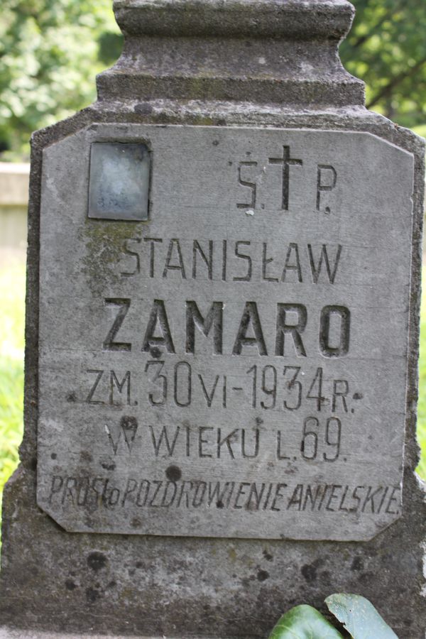 Inskrypcja z nagrobka Stanisława Zamaro, cmentarz Na Rossie w Wilnie, stan z 2013 roku
