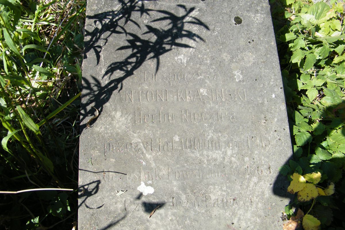 Fragment of the tombstone of Antoni Krasinski, Ternopil cemetery, 2016 status