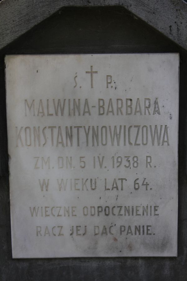 Inscription plaque from the gravestone of Malvina Konstantynowicz, Na Rossie cemetery in Vilnius, as of 2013