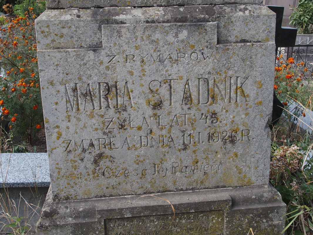 Nagrobek Marii Stadnik, fragment z inskrypcją, cmentarz w Tarnopolu, stan przed 2016