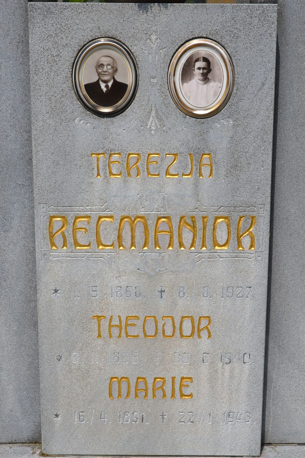 Inscription plaque from the tomb of the Recmaniok and Miczek families, cemetery in Karviná Doły, Czech Republic, as of 2022