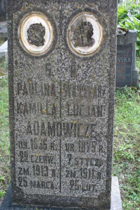 Fragment nagrobka Lucjana i Pauliny Adamowicz, cmentarz na Rossie w Wilnie, stan z 2013 r.