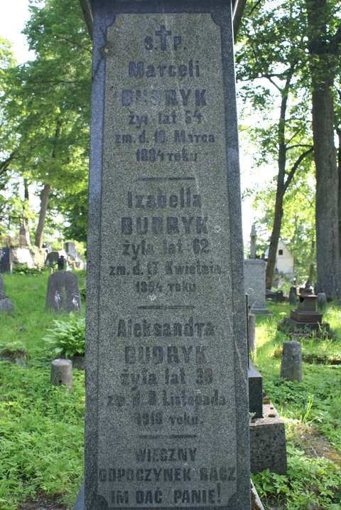 Tombstone of Alexander, Izabella and Marcela Budryk, Ross Cemetery in Vilnius, as of 2013.