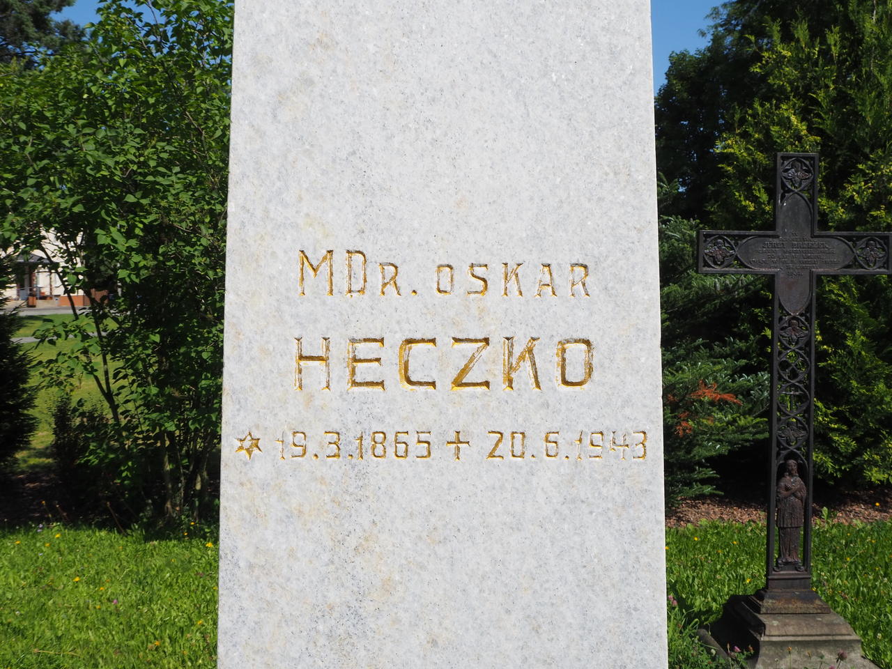 Fragment of a gravestone of Oskar Heczko and Johann Bulegg, cemetery in Ligotka Kameralna, as of 2022