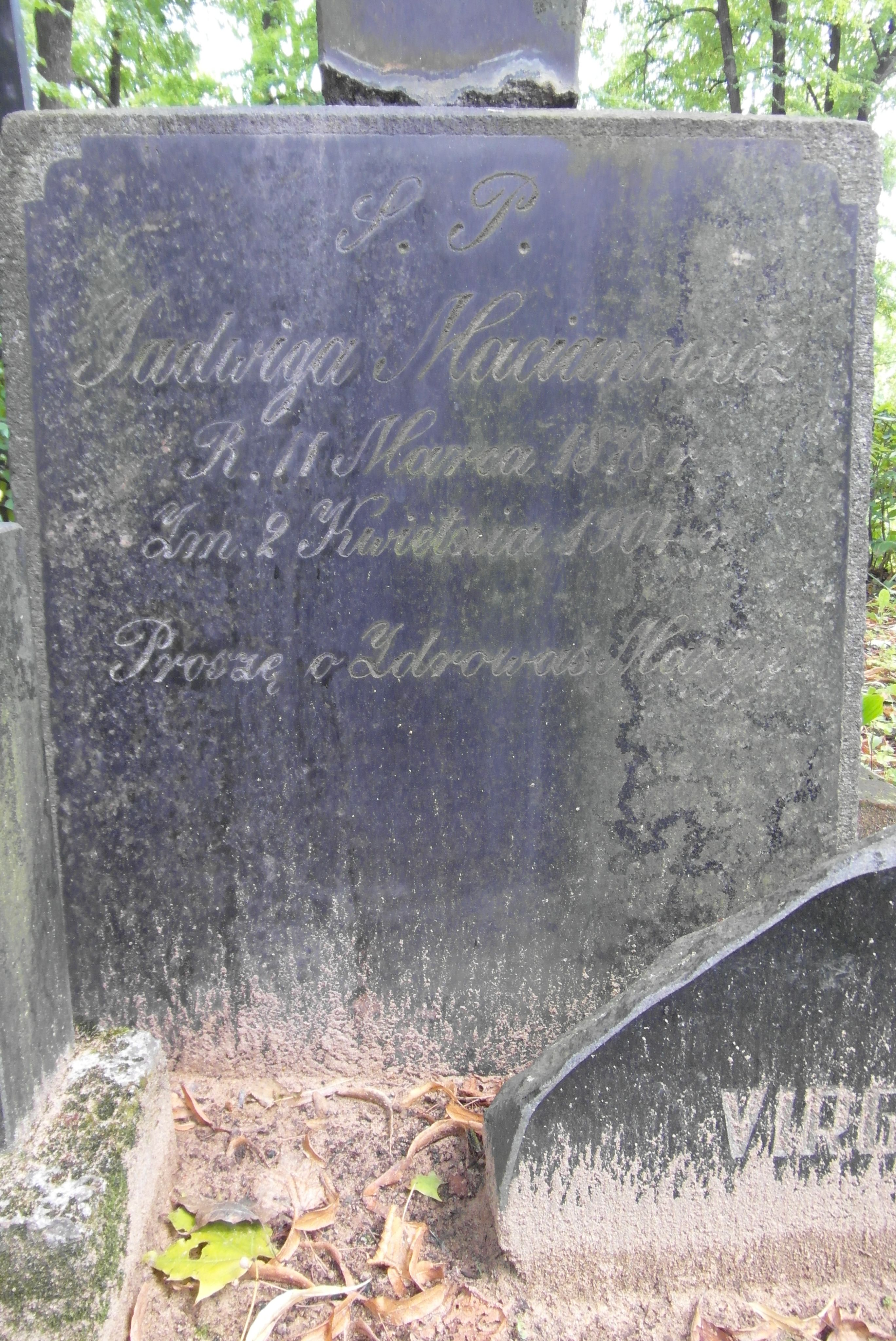 Inscription from the gravestone of Jadwiga Macianowicz, St Michael's cemetery in Riga, as of 2021.