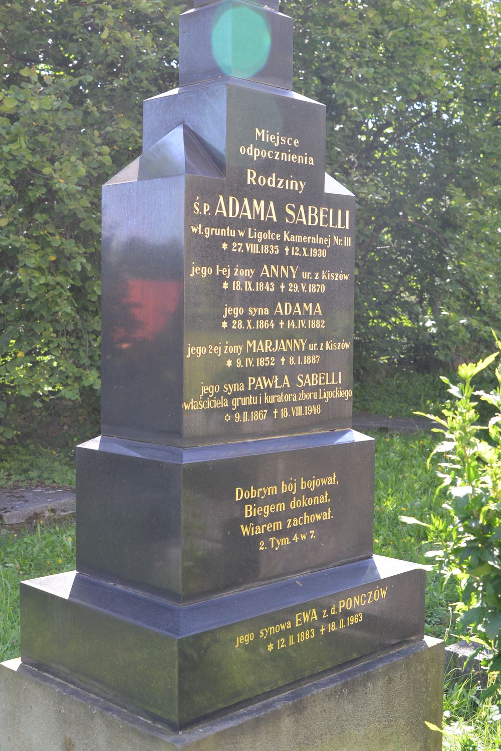 Tombstone of the Sabell family, Evangelical cemetery in Ligotka Kameralna
