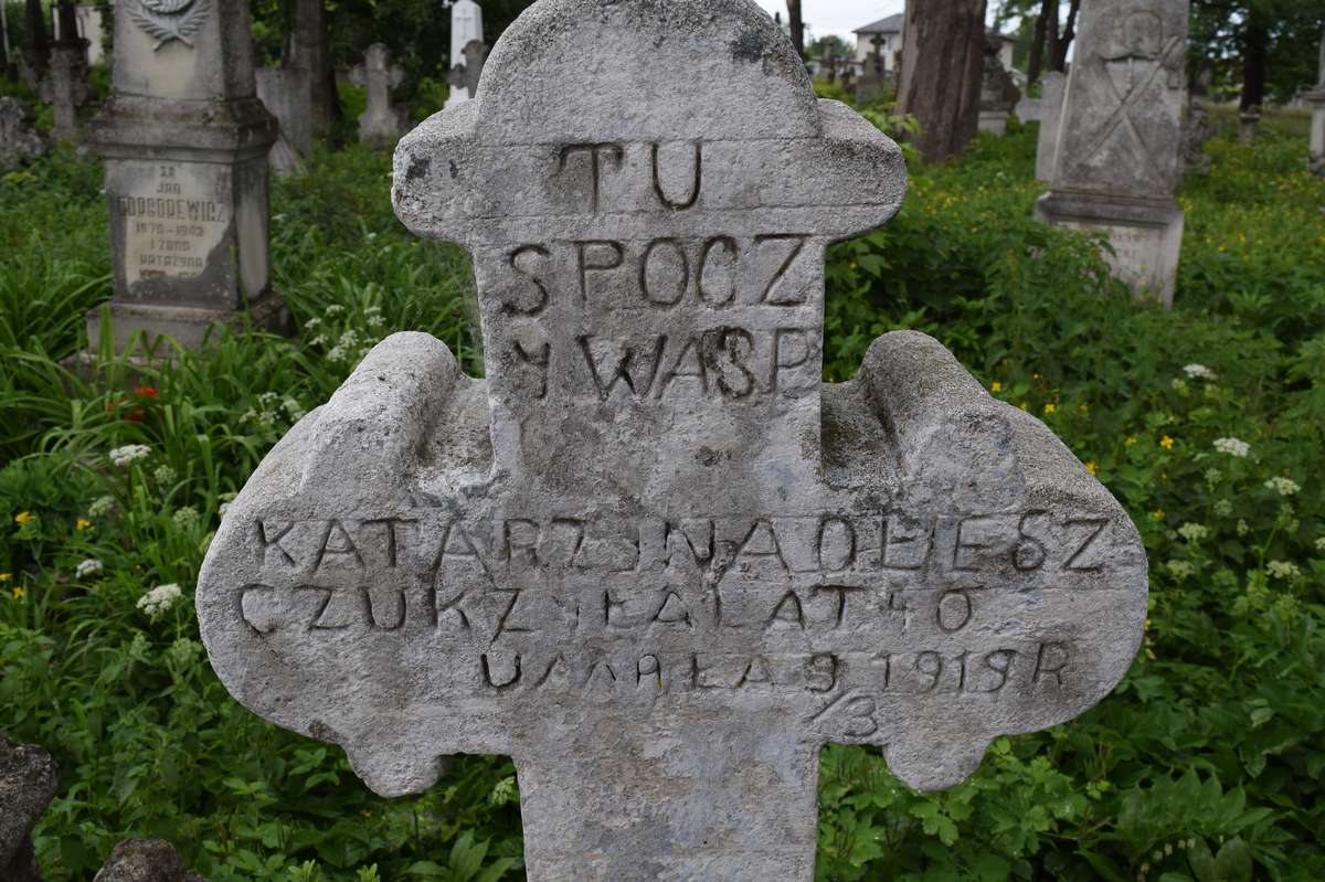 Fragment nagrobka Katarzyny Ołieszczuk, cmentarz w Zbarażu, stan z 2018