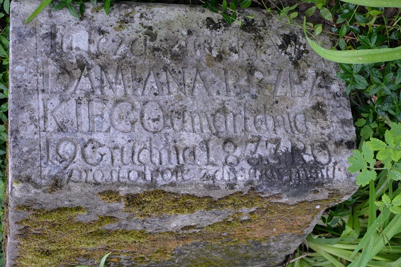 Inscription of the gravestone of Damian Brzeski, Zbarazh cemetery, as of 2018