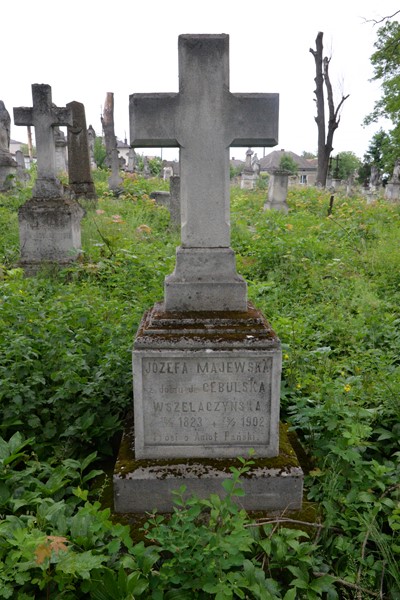 Nagrobek Jana Cybulskiego vel Wszelaczyńskiego (w głębi), cmentarz w Zbarażu, stan z 2018