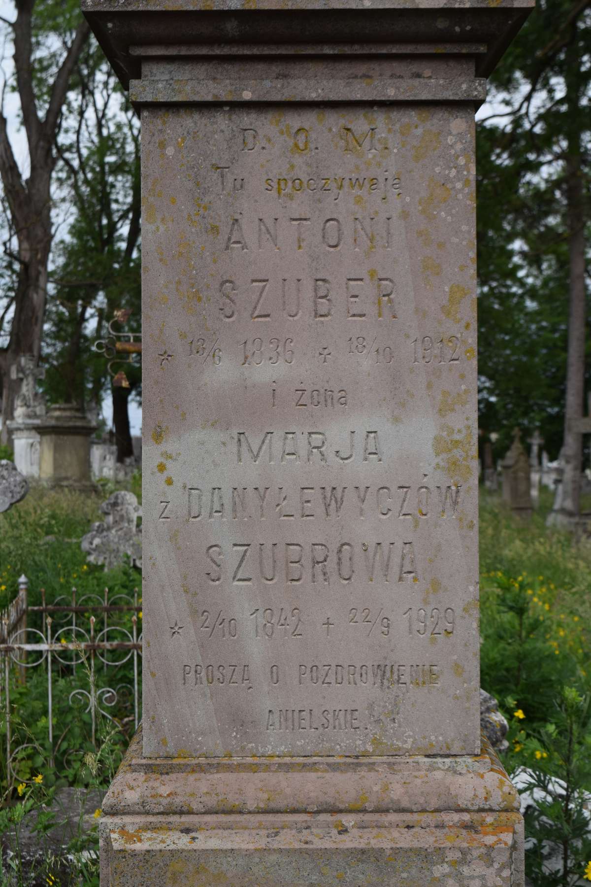 Fragment of the tombstone of Antoni and Maria Szuber, Zbarazh cemetery, as of 2018