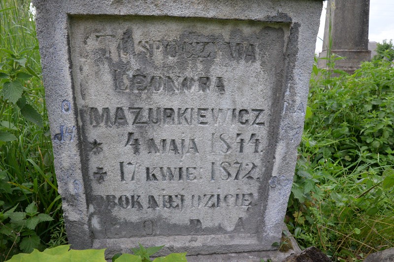 Inskrypcja nagrobka Eleonory Mazurkiewicz, cmentarz w Zbarażu, stan z 2018