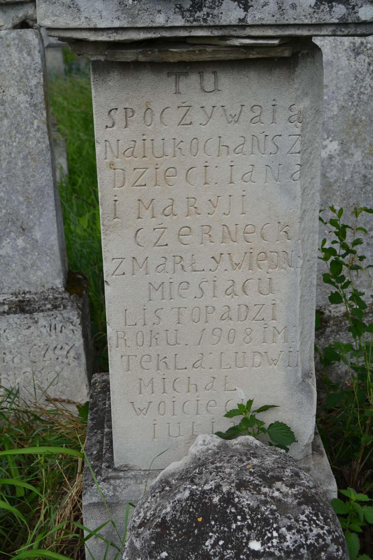 Fragment nagrobka rodziny Czerneckich, cmentarz w Zbarażu, stan z 2018 roku
