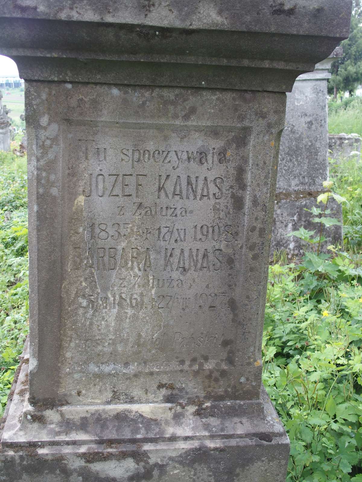 Tombstone of Joseph, Barbara and Tekla Kanas, Zbarazh cemetery, as of 2018.