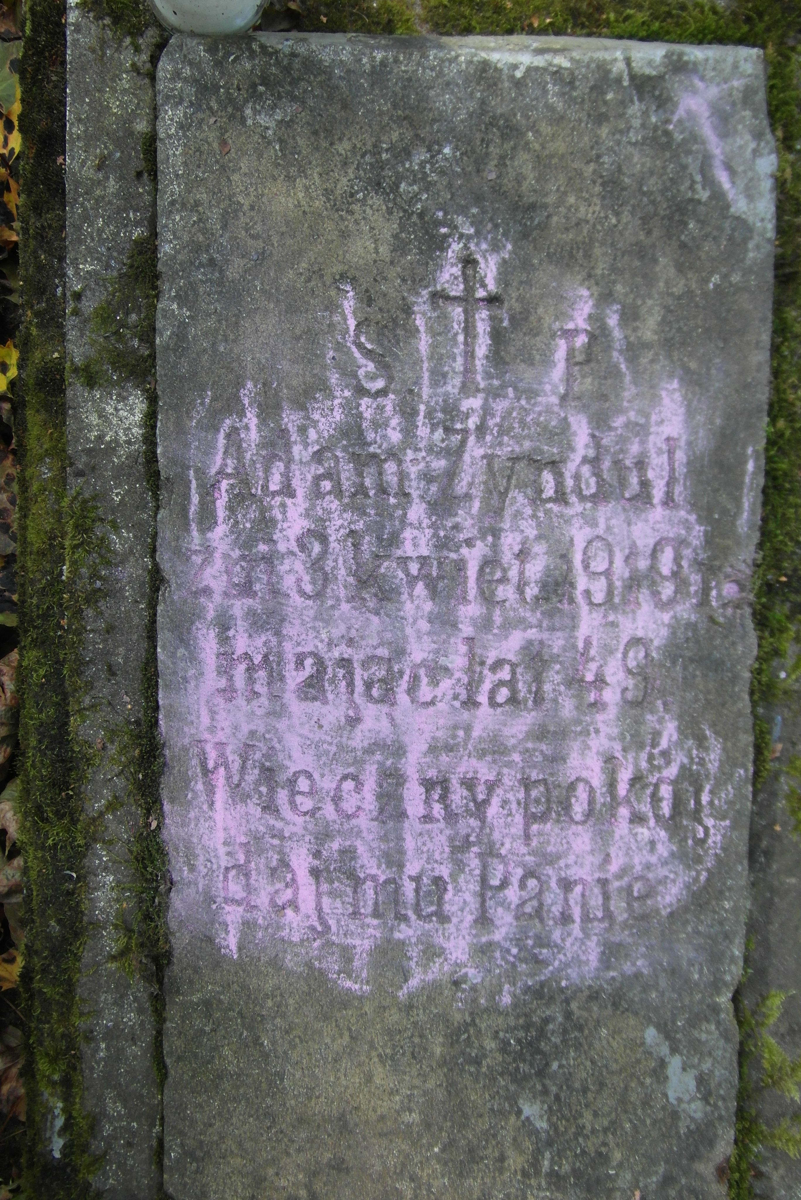 Inscription from the gravestone of Adam Zyndul, St Michael's cemetery in Riga, as of 2021.