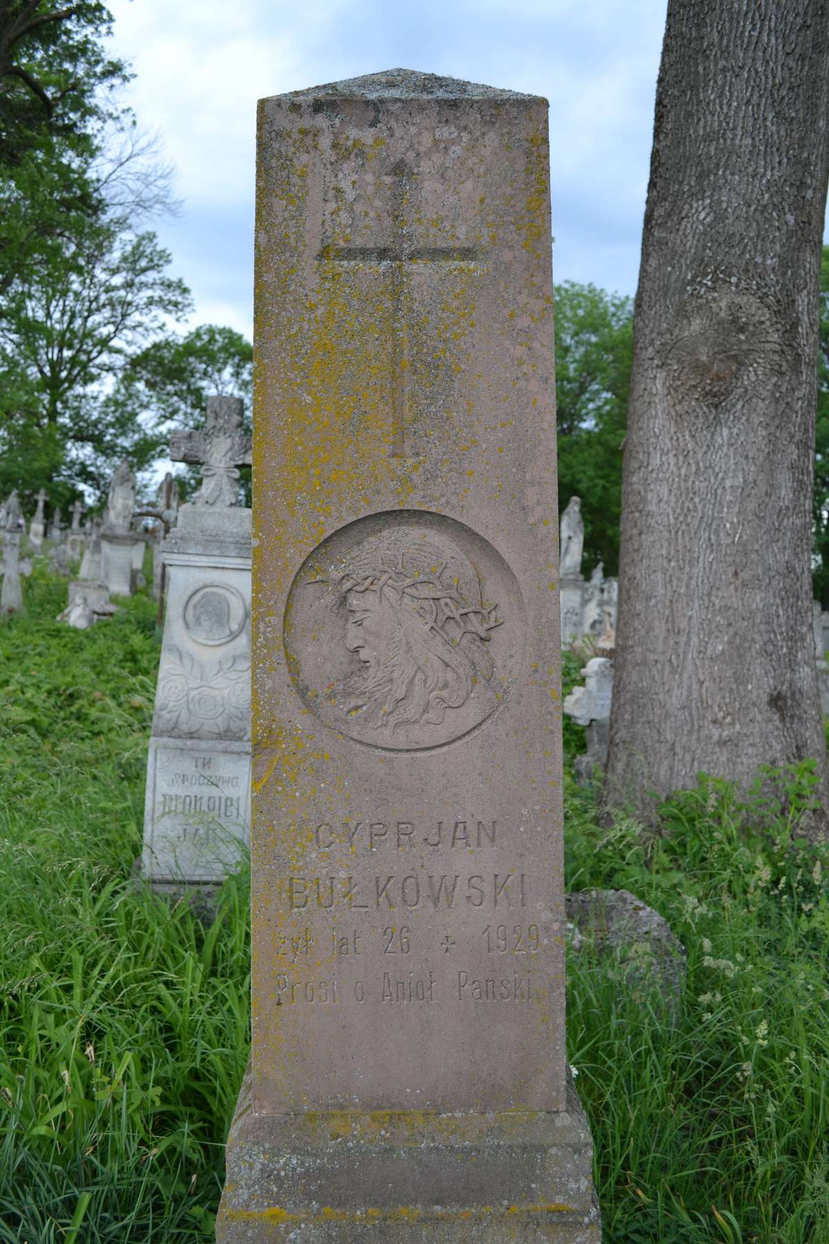 Fragment nagrobka Cypriana Bułkowskiego, cmentarz w Zbarażu, stan z 2018 roku