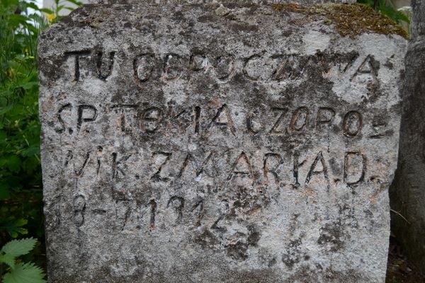 Inscription of the tombstone of Tekla Czopowik, Zbarazh cemetery, as of 2018