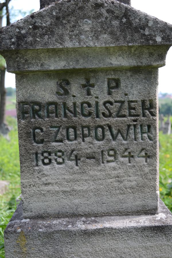 Inscription of the gravestone of Franciszek Czopowik, Zbarazh cemetery, state of 2018